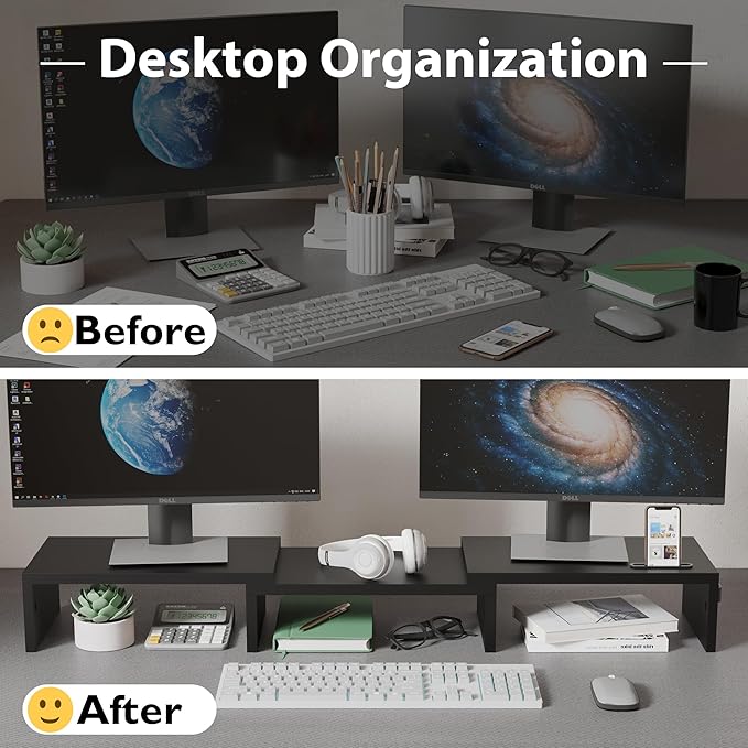 BONTEC Dual Monitor Stand Riser with Smartphone Holder, Adjustable Length & Swivel Angle, Ergonomic Wooden Desktop Organizer for PC Monitor, Laptop, Printer, Large Storage, Black-DeskLoop Office