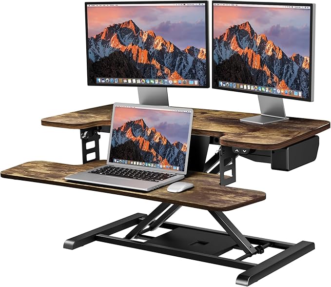 SANODESK Standing Desk Converter with Electric Motor 35" Height Adjustable Desk Riser for Office Home,Monitor and Laptop Workstation with Large Keyboard Tray,Rustic Color-DeskLoop Office