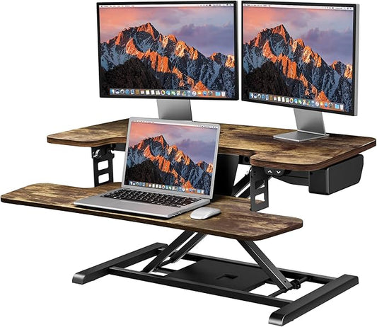 SANODESK Standing Desk Converter with Electric Motor 35" Height Adjustable Desk Riser for Office Home,Monitor and Laptop Workstation with Large Keyboard Tray,Rustic Color-DeskLoop Office