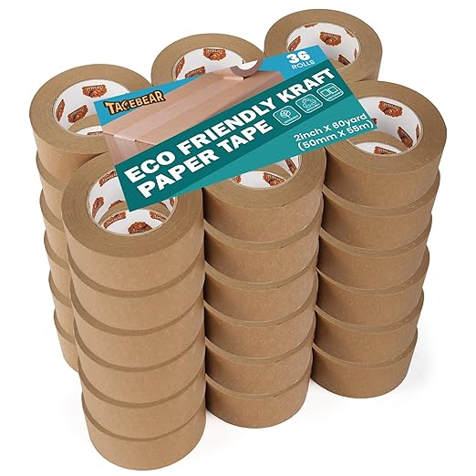 Eco-Friendly Kraft Paper Tape, Biodegradable Kraft Paper Tape, Recyclable Writable Packing Tape, Non-Coated Surface for Masking, Sealing, and Packaging Use, 2inch x 60yards, 36Rolls-DeskLoop Office