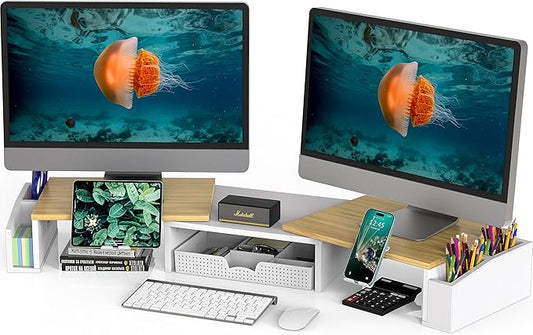 Simple Houseware Desk Dual Monitor Stand Riser with Drawer, Oak-DeskLoop Office