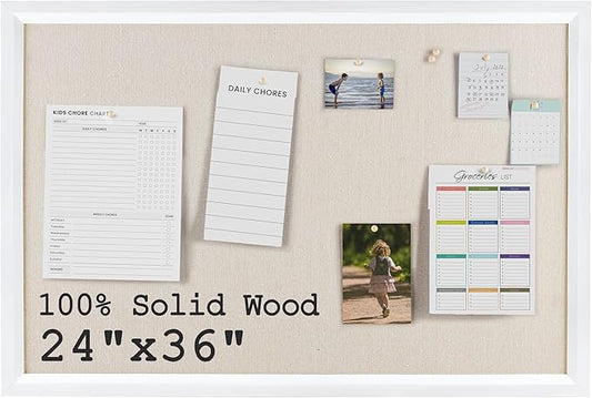 Bulletin Board Cork Board with Linen, 100% Wood Framed 24" x 36" Bulletin Board Decorations, Pin Boards for Walls, Wall Mounted Fabric Picture Board with 10 Pushpins for School, Home & Office, White-DeskLoop Office