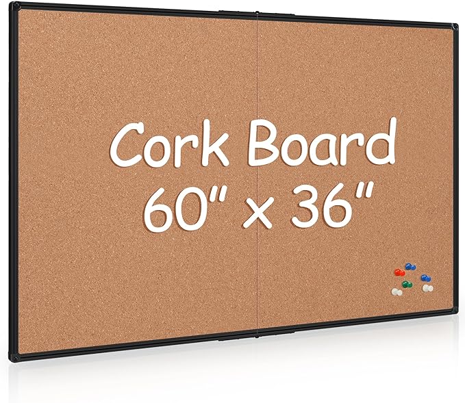 Board2by Extra Large Cork Bulletin Board 60" X 36", Foldable Notice Pin Board for Wall, Black Aluminum Framed 5'x3' Corkboard, Wall Mounted Noticeboard with 36 Push Pins for School, Home & Office-DeskLoop Office