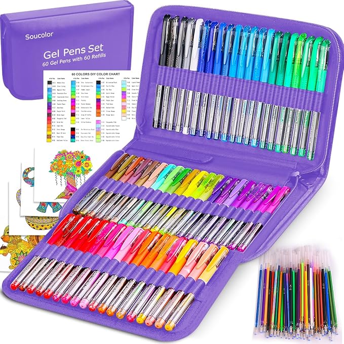 Soucolor Teen Girl Boys Gifts Trendy Stuff, Aesthetic Cute Preppy Stuff School Supplies, Deluxe 120 Pack Colored Gel Pens for Kids Adult Coloring Books, 60 Gel Pens, 60 Refills and Travel Case-DeskLoop Office
