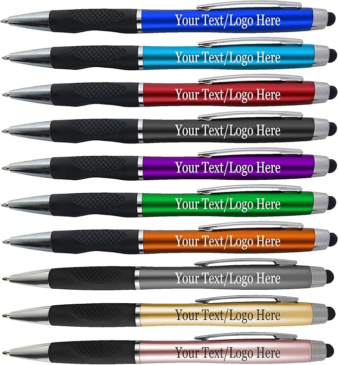 Personalized Pens With your Custom Logo or Text-300 Pack Bulk-for Businesses, Parties, and Events, 2 in 1 Ballpoint Pen + Capacitive Stylus forTouchscreen Devices, Rose Gold Barrel, Blue Ink