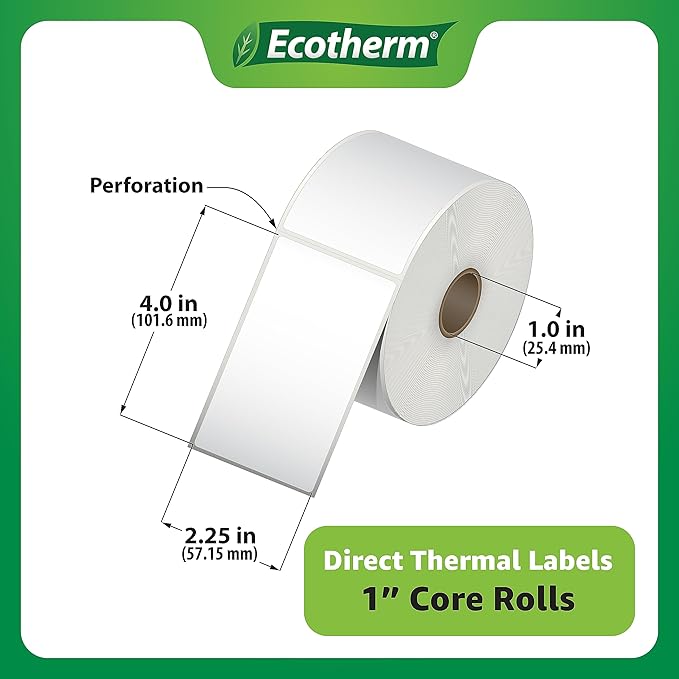 2.25" x 4" Thermal Labels | 4 Rolls | 1440 Labels | fits Zebra, Munbyn, Rollo, Godex, Arkscan, iDPRT, Offnova Thermal Label Printers and More | Blank White Adhesive Stickers by Ecotherm-DeskLoop Office