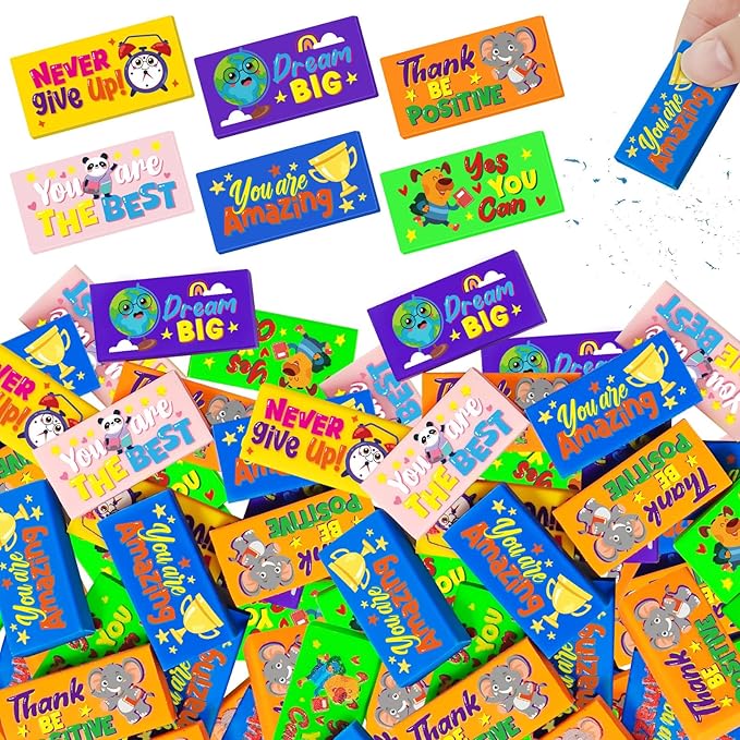 Cinrobiye 100 PCS Inspirational Pencil Erasers Bulk Motivational Cute Eraser Back to School Favor Goody Bag Filler Gifts for Students Classroom Office Teacher Prizes Reward School Supplies (Cute100)-DeskLoop Office