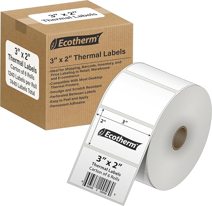 3" x 2" Thermal Labels | 6 Rolls | 7440 Labels | fits Zebra, Munbyn, Rollo, Godex, Arkscan, iDPRT, Offnova Thermal Label Printers and More | Blank White Adhesive Stickers by Ecotherm-DeskLoop Office