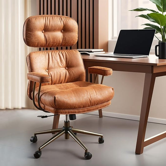 ovios Ergonomic Home Office Chair, Mid-Century Modern Faux Leather Chairs with Thickened Cushions, Comfy High Back Swivel Rolling Executive Computer Armchair (Brown, Suede Leather)-DeskLoop Office