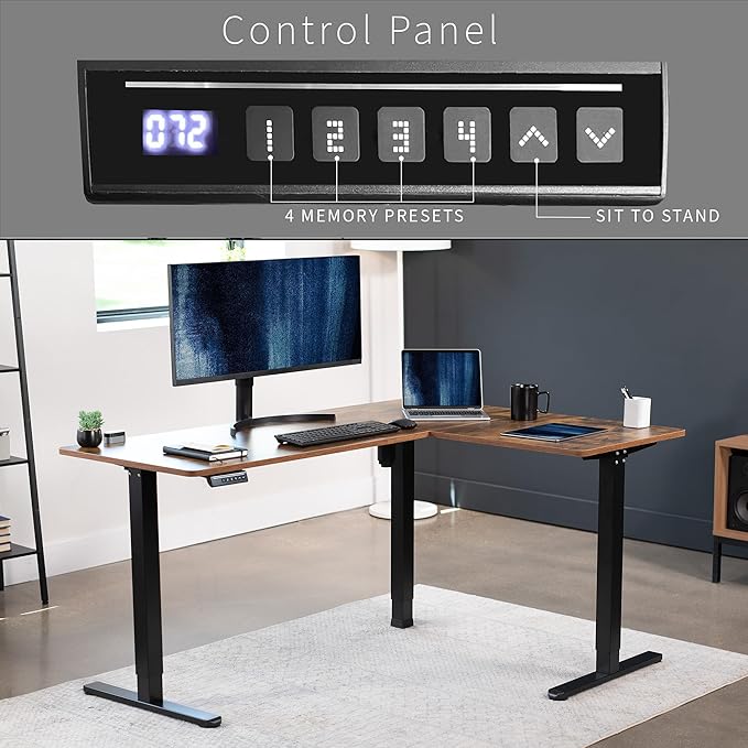 VIVO Electric Corner L-Shaped 63 x 47 in Rustic Standing Desk, Memory Height Adjustment, Vintage Brown Top Black Frame, DESK-E3CTN-47-DeskLoop Office