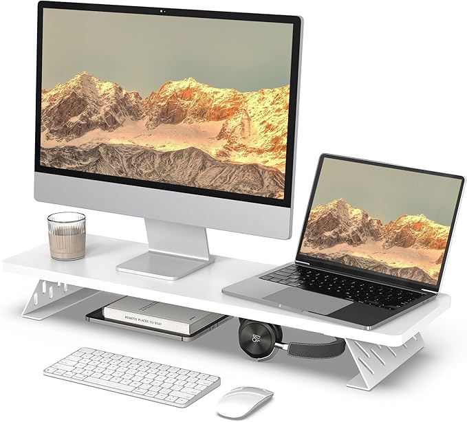 Fenge Monitor Stand Riser, Desk Top Shelf for 2 Monitors, Computer Stands for Desk, Wood & Steel Desktop Riser for Laptop, PC, Printer-DeskLoop Office