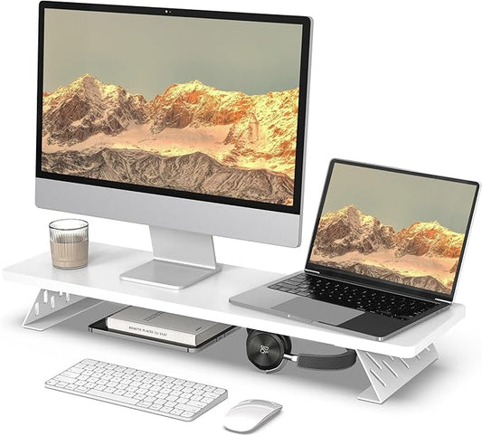 Fenge Monitor Stand Riser, Desk Top Shelf for 2 Monitors, Computer Stands for Desk, Wood & Steel Desktop Riser for Laptop, PC, Printer-DeskLoop Office