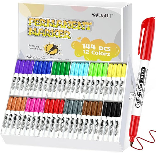 SFAIH 144 Pack Permanent Markers Bulk - Classroom Set, 12 Vibrant Colors, Works on Paper, Clothes, Plastic, Fabric, Wood, Student Art Supplies, Drawing, Coloring, Non-Toxic, Classroom Group Supplies-DeskLoop Office