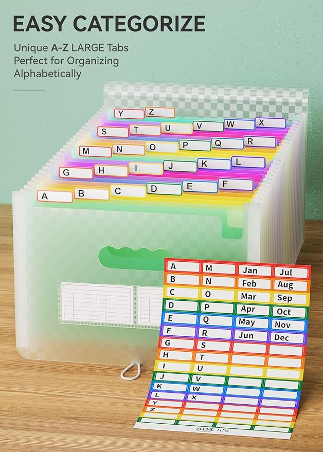ABC life 26 Pockets Accordian File Folder Organizer Letter Size Expanding File Folder, A4 Portable Document Paper School Organizer, Expandable Multicolor Accordion Filing Folders with Labels(Green)-DeskLoop Office