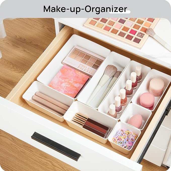 Vtopmart 25 PCS Plastic Drawer Organizers Set, 4-Size Versatile Bathroom and Vanity Drawer Organizer Trays, Storage Bins for Makeup, Bedroom, Kitchen Gadgets Utensils and Office-DeskLoop Office