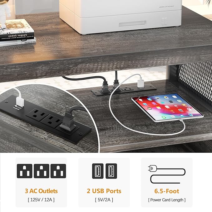 Unikito Rolling File Cabinet Lateral Office Filing Cabinets with Socket and USB Charging Port, Modern Printer Stand on Wheels Printer Cabinet with Door and Open Storage, Lockable, Black Oak-DeskLoop Office