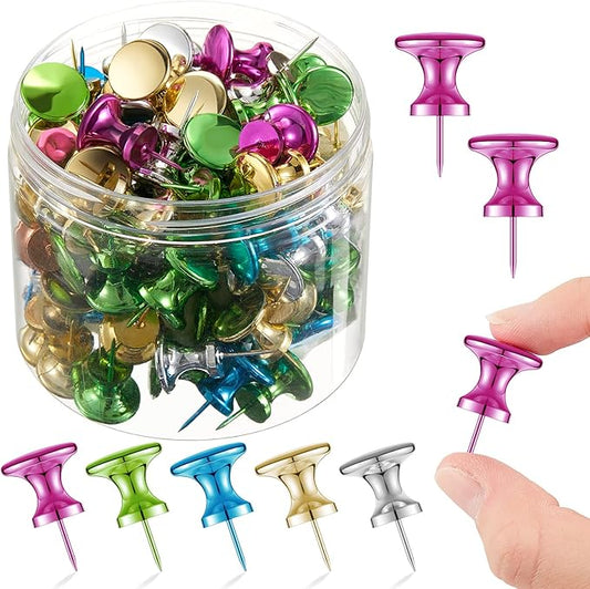 Outus 100 Pcs Giant Push Pins Large Thumb Tacks Plastic Heads 1 Inch Jumbo Push Pins for Cork Board Map Posters Office School(Purplish Red, Gold, Blue, Green, Silver)-DeskLoop Office