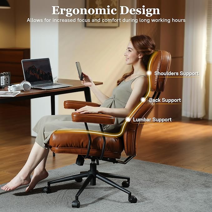Mid Century Modren Big and Tall Office Chair,Large Ergonomic Executive Chair for Heavy Duty People, Computer Desk Task Chair with Wheels, Faux Lether Fabric Wide Chair for Home Sturdy,Brown(PU)-DeskLoop Office