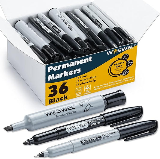 Permanent Markers 36 Variety Pack Bulk,Featuring Ultra-Fine,Chisel Tip,And Fine Tip Marker Set,Writing And Poster Black Markers,Works on Plastic,Wood,Stone,Metal and Glass for Doodling, Marking-DeskLoop Office