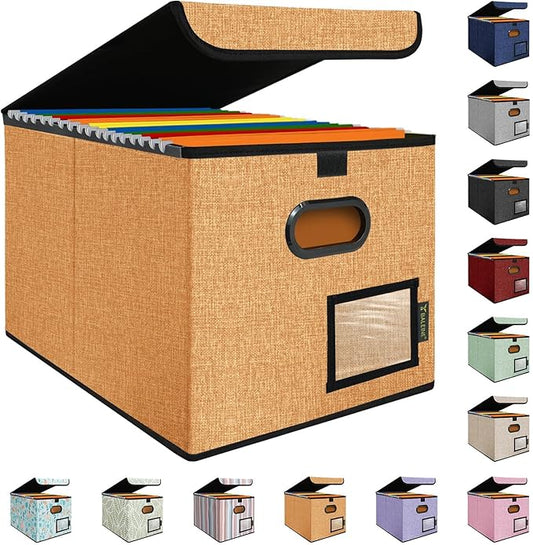 BALEINE File Organizer Box with Lid, Collapsible File Folder Organizer with Plastic Slide, Hanging File Folder Box for Office Document Storage (1 Pack, Orange)-DeskLoop Office