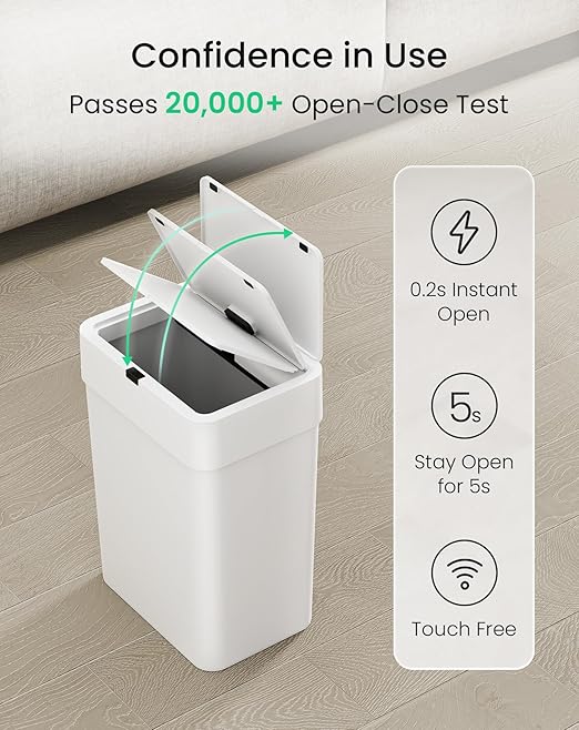Cesun Bathroom Trash Can with Lid, 4 Gallon Motion Sensor Garbage Can Automatic Touchless Trash Cans, Slim Plastic Smart Waste Basket for Bedroom, Office, Living Room, White-DeskLoop Office
