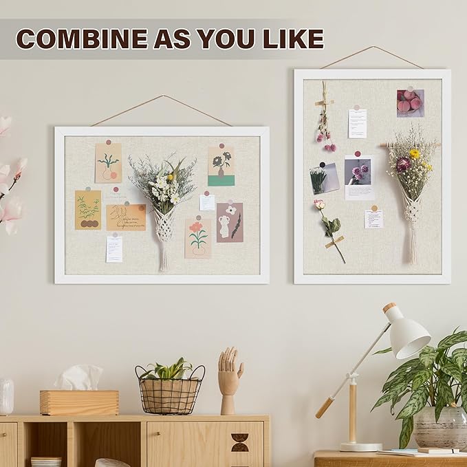Cork Board Bulletin Board 16.7" x 11", 2-Pack Small Linen Corkboards with Frame for Walls, Cute Picture Display Pin Board Vision Board for Room School Office Bedroom 25 Pushpins Vintage White-DeskLoop Office