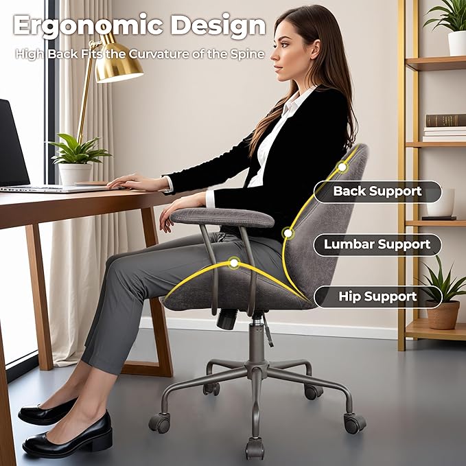 ovios Ergonomic Home Office Chair, Mid-Century Modern Faux Leather Chairs with Padded Armrests, Comfy Mid Back Swivel Rolling Executive Computer Armchair (Dark Grey, Suede Leather)-DeskLoop Office