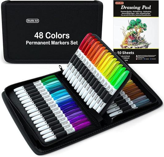 Shuttle Art Permanent Markers, 48 Colors Fine Point, Assorted Colors with Travel Case, Ideal for Adults Coloring Doodling on Plastic, Glass, Wood and Stone, Gift for Kids-DeskLoop Office