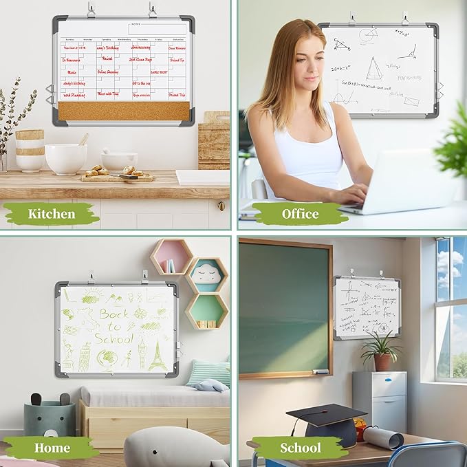 Dry Erase Calendar White Board for Wall, Polegas 17" X 13" Magnetic Whiteboard Dry Erase Cork Board Combination, Small Wall Monthly Double Sided Boards Student, Home, Office (White)-DeskLoop Office