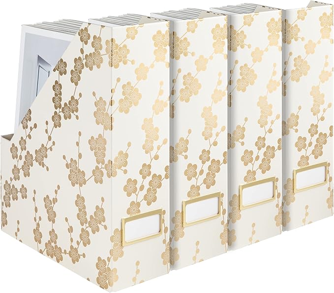 BLU MONACO Decorative Foldable Magazine Storage Boxes for Desk – Set of 4 with Gold Floral Pattern & Gold Label Holder – Ideal for Book Organization & Vertical File Storage-DeskLoop Office