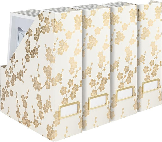 BLU MONACO Decorative Foldable Magazine Storage Boxes for Desk – Set of 4 with Gold Floral Pattern & Gold Label Holder – Ideal for Book Organization & Vertical File Storage-DeskLoop Office