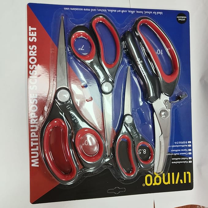 LIVINGO All Purpose Scissors Set - 4 Pack Sharp Multipurpose Heavy Duty Shears for Kitchen Cooking Sewing Fabric Cutting Poultry Food Paper Craft Office Household School Multi Pack Utility Shears-DeskLoop Office