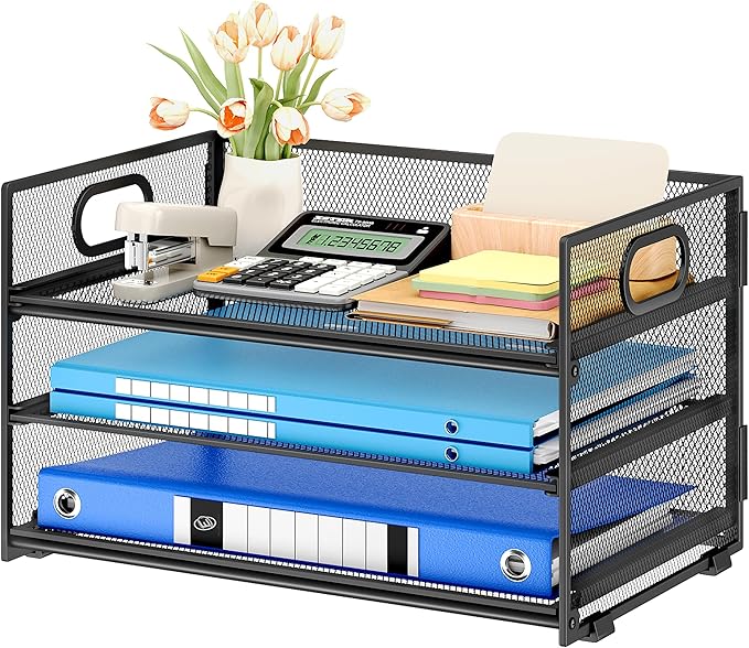 Subekyu 3 Tier Paper Letter Tray Organizer for Desk, Black Metal Mesh Desk File Folder Sorter Organizer with Handle and Sliding Tray for Home, Office, School Supplies Organization Storage-DeskLoop Office