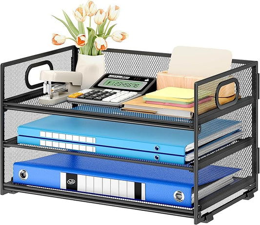 Subekyu 3 Tier Paper Letter Tray Organizer for Desk, Black Metal Mesh Desk File Folder Sorter Organizer with Handle and Sliding Tray for Home, Office, School Supplies Organization Storage-DeskLoop Office