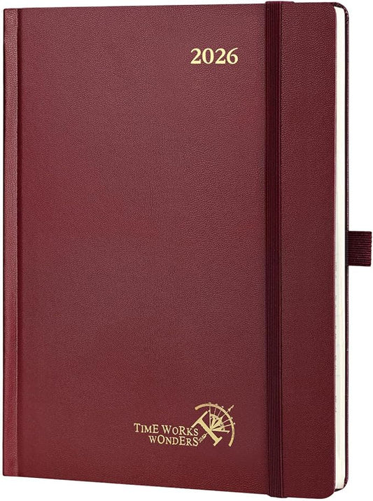 POPRUN 2026 Planner (Medium Size 8.5''x 6.5'' Hardcover) - Daily Weekly and Monthly Calendar Agenda 2026 Appointment Book with Hourly Time Slots, Monthly Tabs, 100 GSM - Burgundy-DeskLoop Office