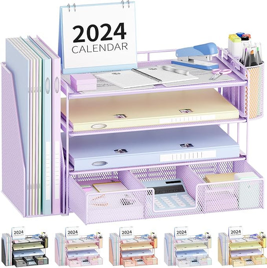 Desk Organizer and Accessories, 4-Tier Desktop File Organizer with Drawer and 2 Pen Holders, Office Desk Accessories for Office Supplies(Purple)-DeskLoop Office