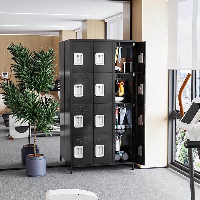 12 Doors Metal Lockers for Employees with Lock, Metal Locker with 12 Hooks for School Garage Office Gym Home,Assembly Required,Black-DeskLoop Office