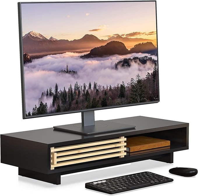 Monitor Stand Riser with Sliding Door, Computer Laptop Stand Desk Shelf Organizer with Storage (Black + Natural Bamboo, 25 Inch)-DeskLoop Office