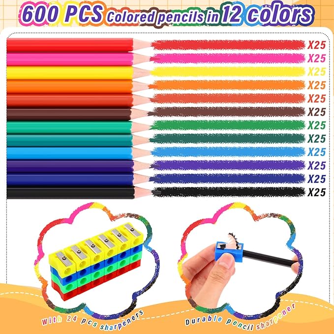 600 Count Colored Pencils Bulk, 12 Assorted Colors, 50 Packs Pre-sharpened Colored Pencils Back to School Supplies Aesthetic Kit for Kindergarten Preschool, with 24 Pcs Sharpeners-DeskLoop Office