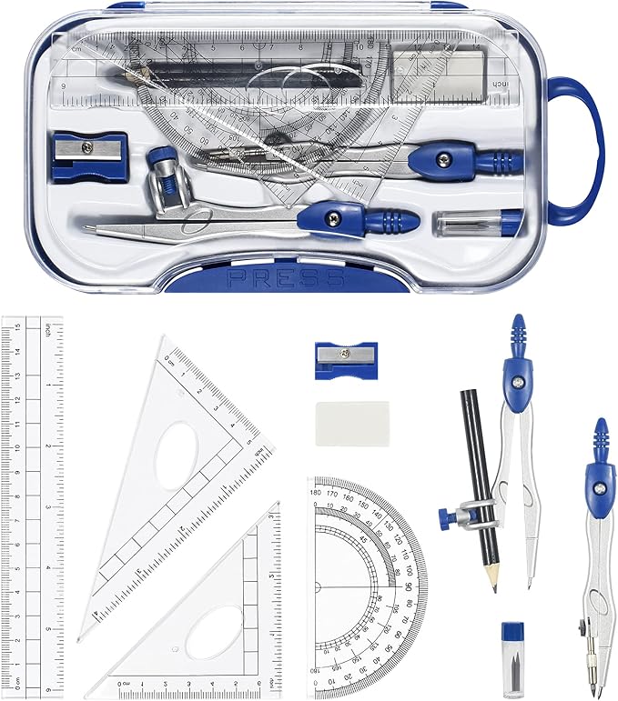 Math Geometry Kit Sets 10 Piece Student Supplies with Shatterproof Storage Box,Includes Rulers,Protractor,Compass,Eraser,Pencil Sharpener,Lead Refills,Pencil,for Drafting and Drawings(Navy blue)