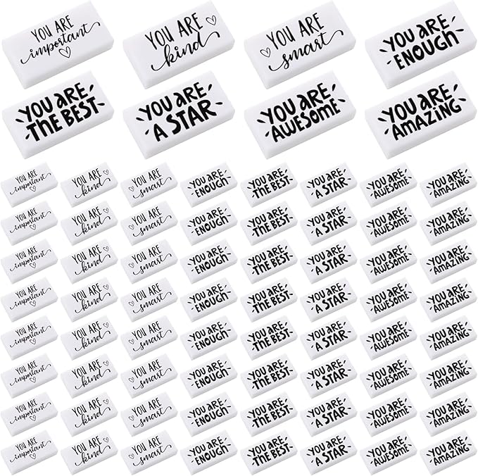 PerKoop 50 Pcs Back to School Inspirational Small Pencil Erasers Bulk for Kids, White Cute Fun Motivational Erasers Gifts for Teachers Students Classroom Reward First Day of School Supplies-DeskLoop Office