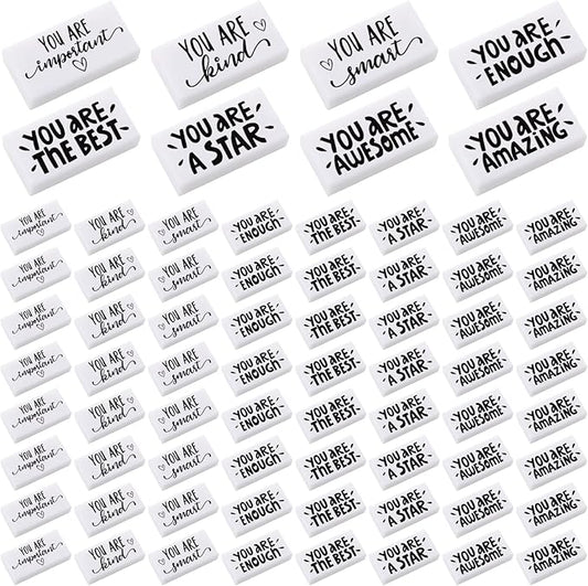 PerKoop 50 Pcs Back to School Inspirational Small Pencil Erasers Bulk for Kids, White Cute Fun Motivational Erasers Gifts for Teachers Students Classroom Reward First Day of School Supplies-DeskLoop Office