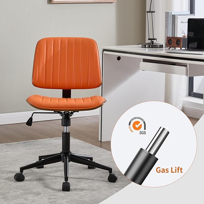 Small Home Office Chair - Armless Mid Back Desk Chair with 360° Swivel and Wheels, PU Upholstered Height Adjustable Modern Walnut Computer Chair for Home, Office Meeting Room - Orange-DeskLoop Office