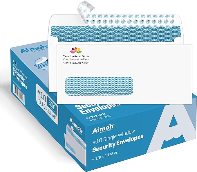 Aimoh 500#10 Custom Printed Single Left Window Self Seal Security Envelopes, Text and Logo Customization, Self Sealing Closure, Security Tinted, Size 4-1/8 x 9-1/2 Inches, 24 LB, 500 Count (72352)-DeskLoop Office