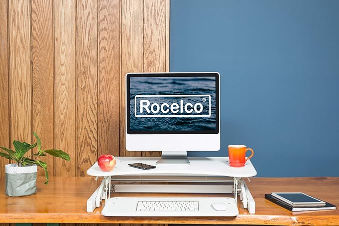 Rocelco 32" Height Adjustable Standing Desk Converter - Sit Stand Computer Workstation Riser - Dual Monitor Retractable Keyboard Tray Gas Spring Assist - Black (R EADRW)-DeskLoop Office