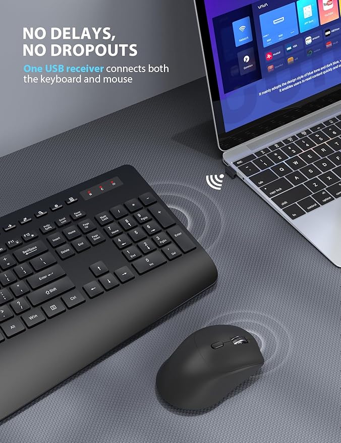 Wireless Keyboard and Mouse Combo 2 Pack - Full-Sized Ergonomic Keyboard with Wrist Rest, Phone Holder, Sleep Mode, Silent 2.4GHz Cordless Keyboard Mouse Combo for Computer, Laptop, PC, Mac, Windows-DeskLoop Office