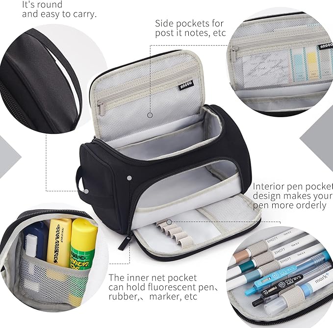 HVOMO Big Capacity Pencil Case High Large Storage Pouch Marker Pen Case Travel Simple Stationery Bag School College Office Organizer for Teens Girls Adults Student(Black)-DeskLoop Office