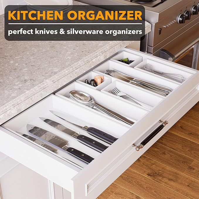 SpaceAid 7-Piece Bamboo Drawer Organizer Storage Boxes Set, Wood Tray Junk Drawer Organizers Multi-Use Divider Bins for Kitchen, Bathroom, Office Desk and Makeup Organization (7 Pack, White)-DeskLoop Office