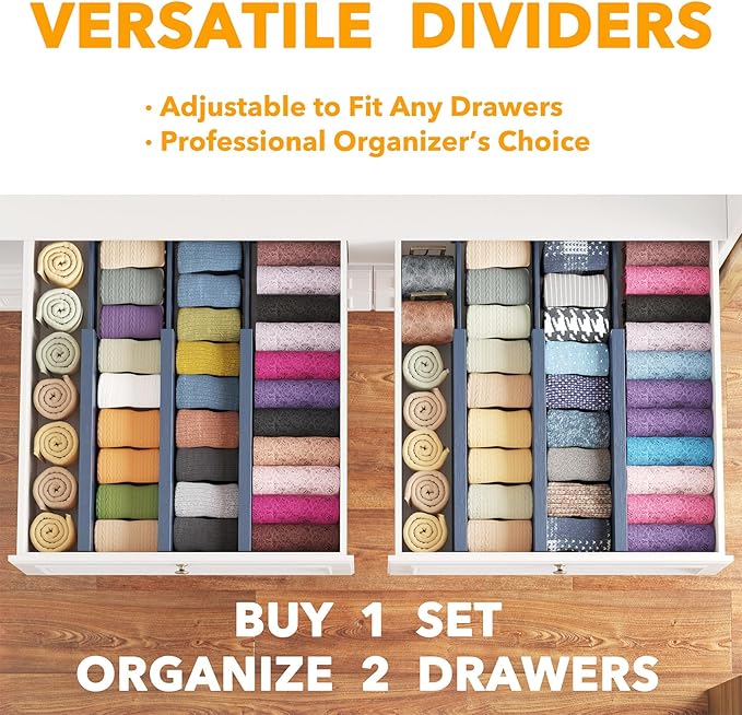 SpaceAid Bamboo Dresser Drawer Dividers 6 Pack, 4.65“ High Adjustable 12.5“-17” Drawer Organizers, Expandable Organization for Clothing, Clothes, Dressers, Navy Blue-DeskLoop Office