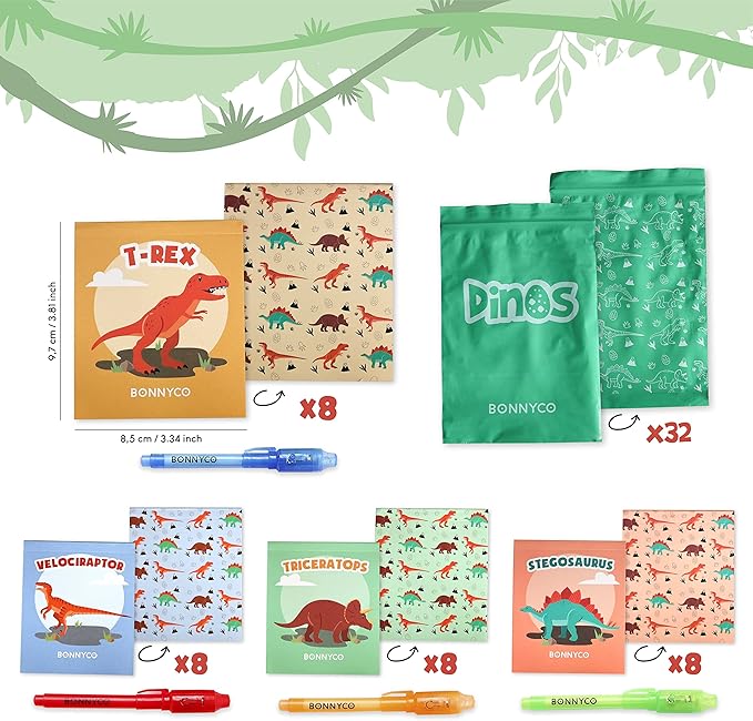 BONNYCO Invisible Ink Pen and Notebook Pack 32 Dinosaur Party Favors for Kids, Magic Spy Pen Goodie Bags Stuffers for Kids, Dinosaur Birthday Party Supplies, Goody Bag Stuffers Return Gifts Prizes-DeskLoop Office